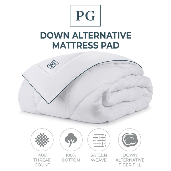Pillow Guy Signature Down Alternative Mattress Pad with 400 thread count cotton sateen shell and signature PG Blue satin welt cord