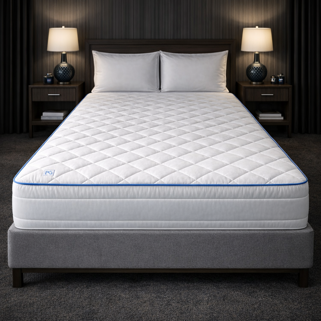Pillow Guy Down Alternative Mattress Pad fitted on a mattress with plush quilted surface and PG Blue piping