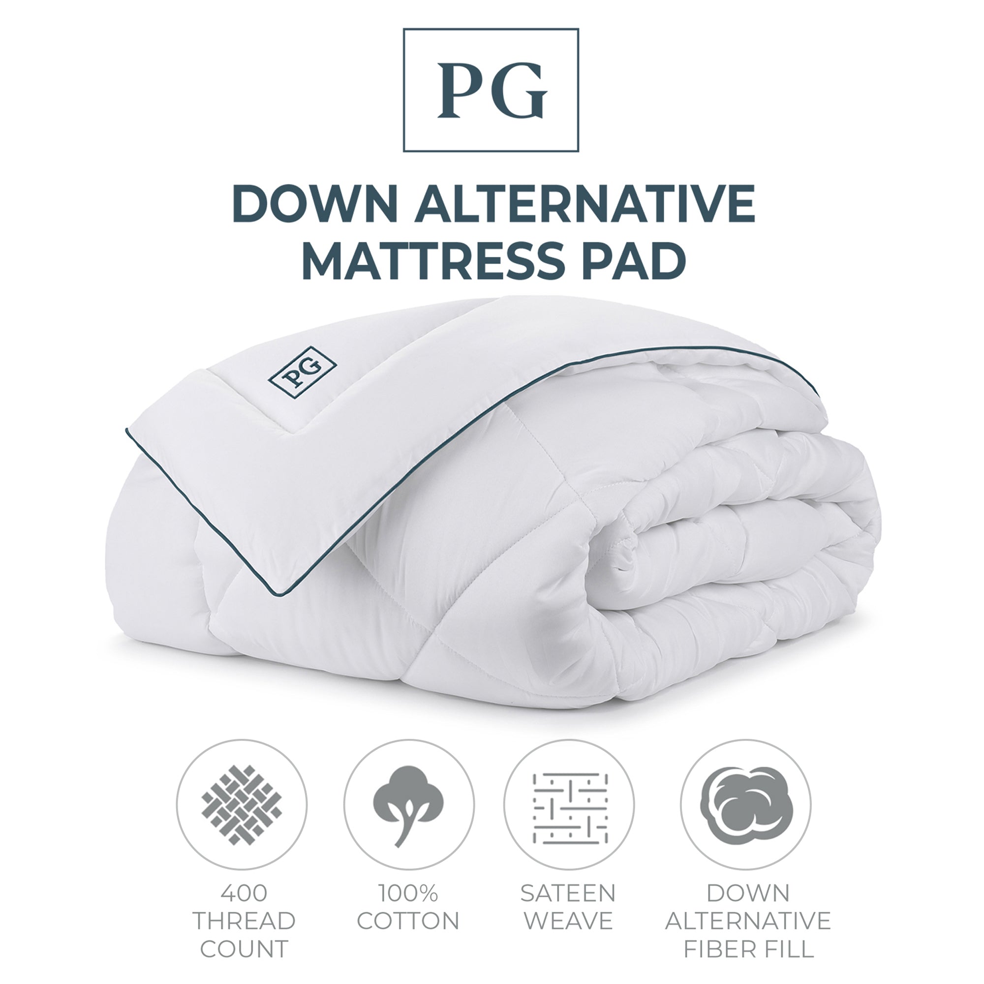 Pillow Guy Signature Down Alternative Mattress Pad with 400 thread count cotton sateen shell and signature PG Blue satin welt cord