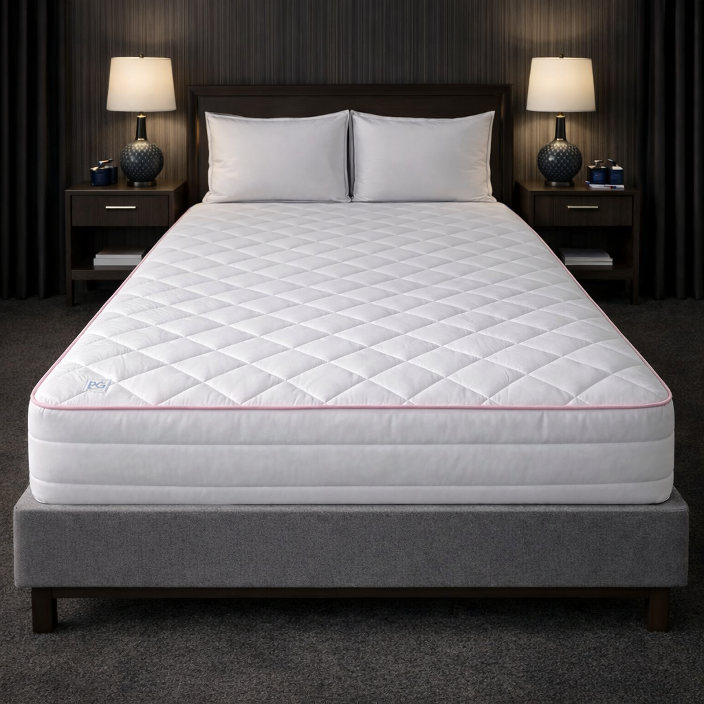 Pillow Gal Down Alternative Mattress Pad fitted on a mattress with plush quilted surface and PG Pink piping